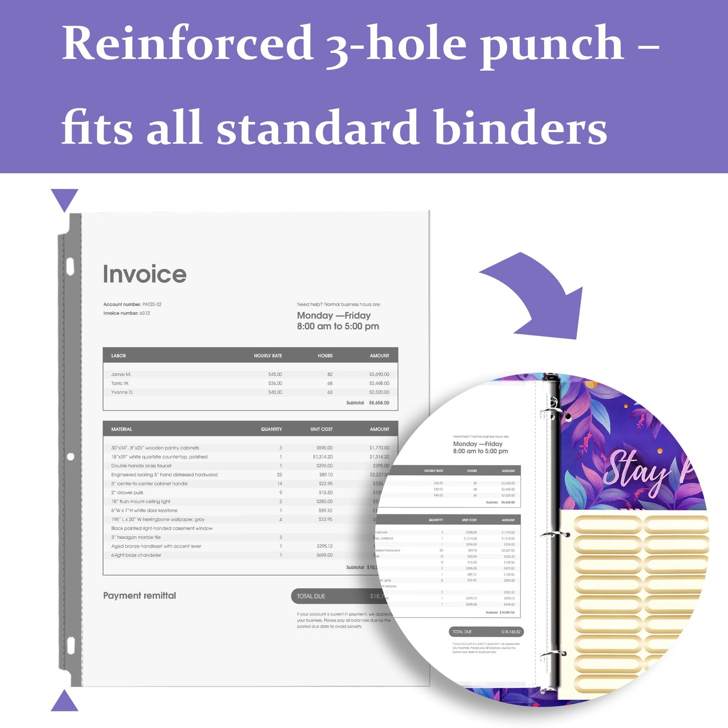 3 Ring Binder with Clipboard with 50 Sheet Protectors 8.5 x 11 inch, 2 Pockets Purple 3 Ring Binder (11" x 8.5") Folders with Tab Dividers for Women School Office Supplies Portfolio (Purple)