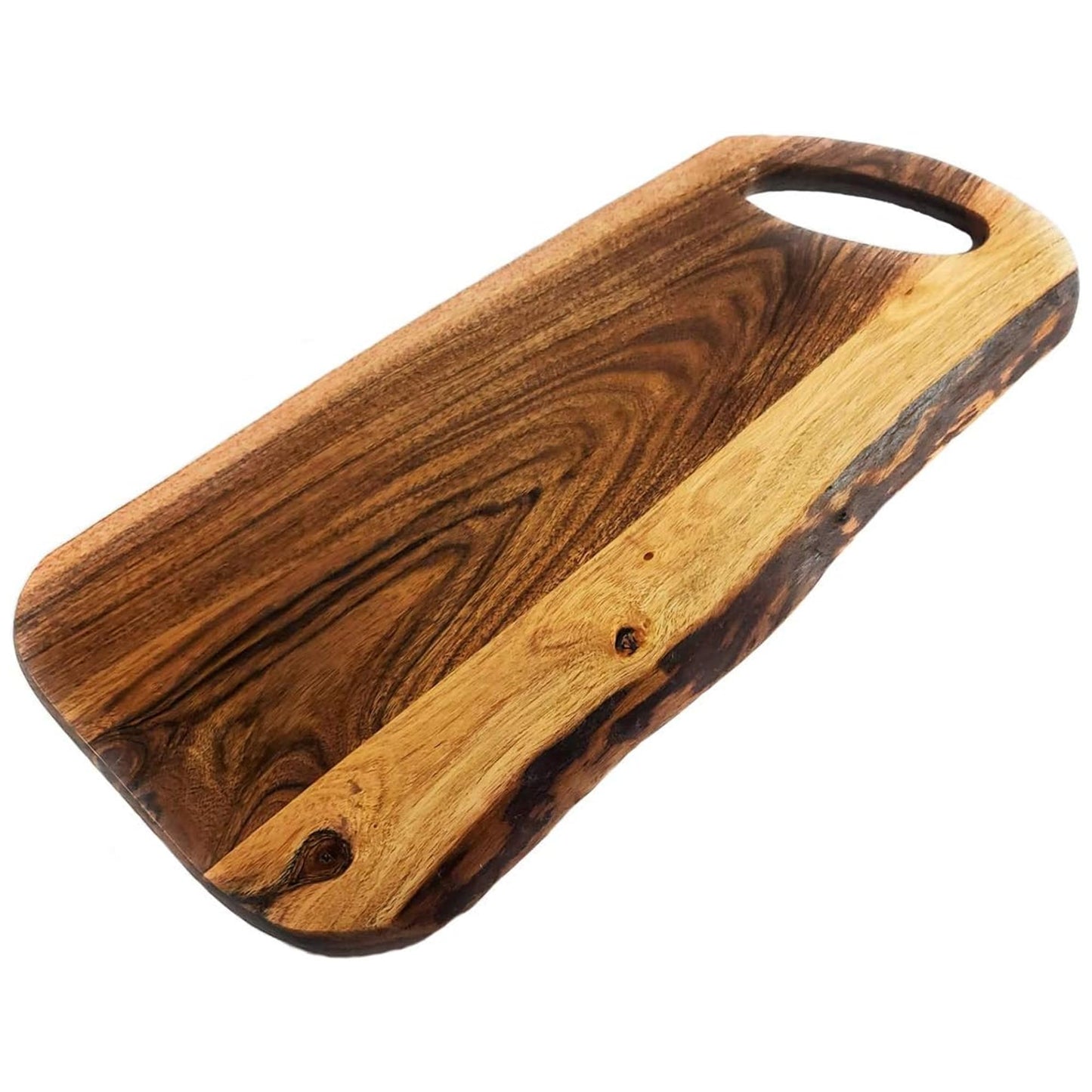 Acacia Charcuterie Board with Natural Live Edge & Round Handle - Wood Cheese Board - Decorative Wooden Serving & Cutting Board - Housewarming, Mothers Day, New Home & Wedding Gifts (XL - 24” x 10”)