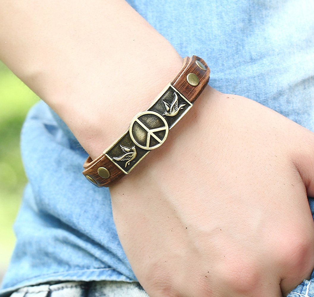 Hamoery Men Punk Leather Buckle World Peace Alloy Cuff Bracelet Bangle Wristband(Peace)