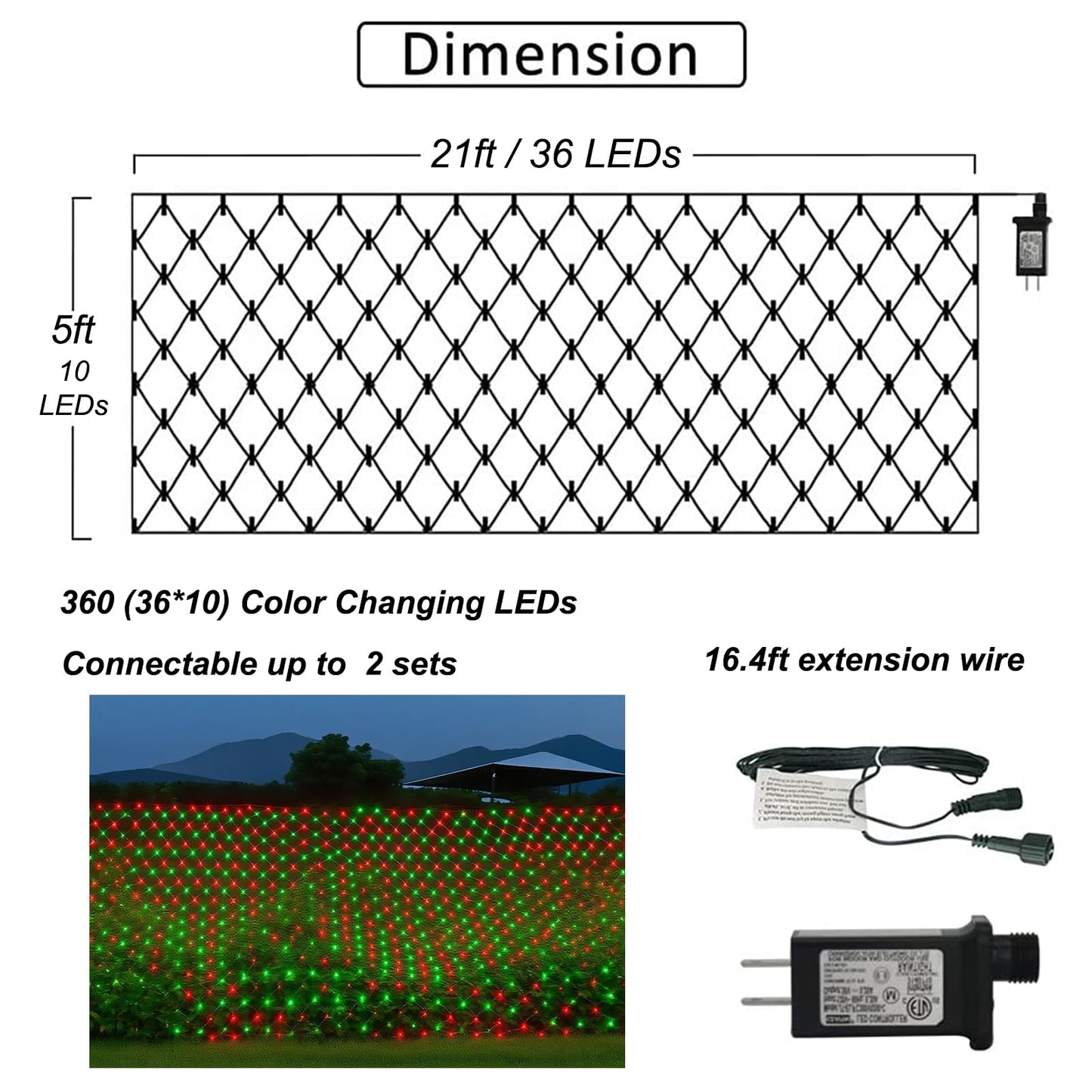 Christmas Net Lights Outdoor, 360 LED 21ft x 5ft Large Net Mesh String Lights 8 Modes, Twinkle Lights Connectable Plug in for Bushes Hedge Yard Garden Party Christmas Decor, Red and Green