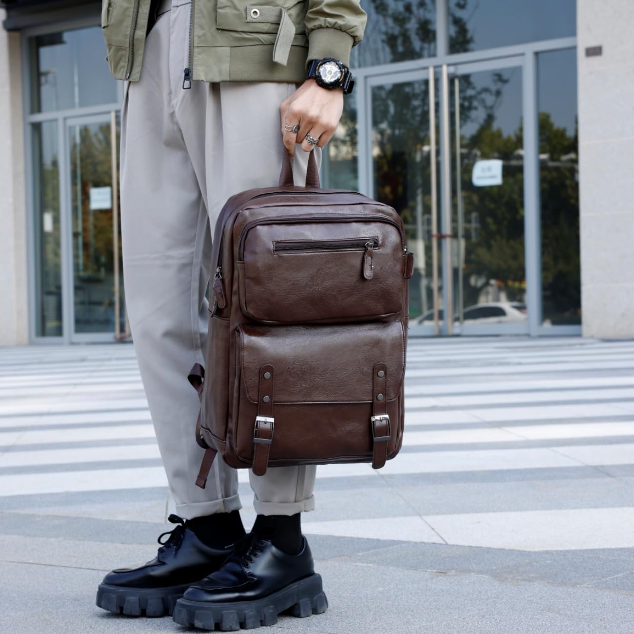 ORILOOSEN PU Casual Backpack，Men Women casual Leather laptop backpack，Daily commuter leather backpack，work bag (Brown)