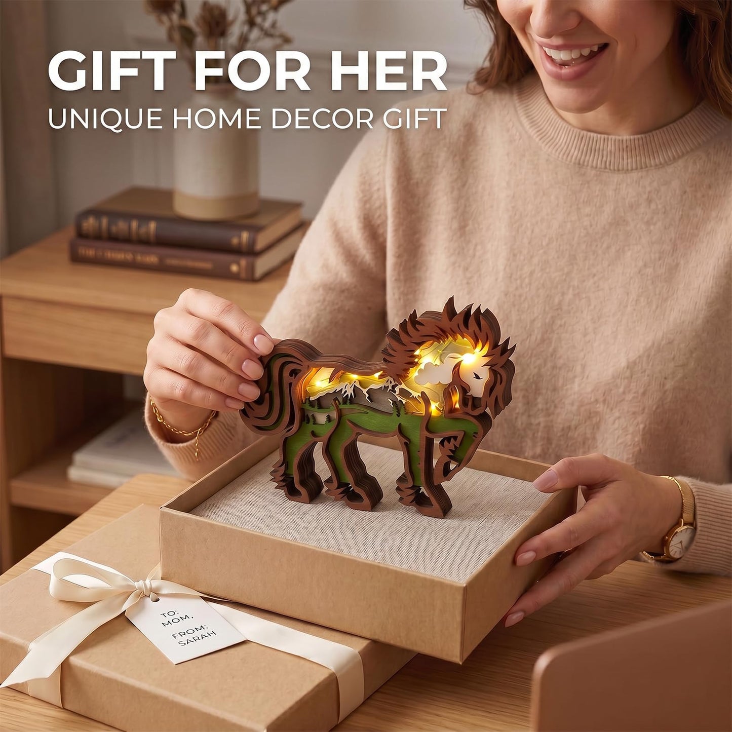 Drawelry 3D Wood Carving Animals Lamp Home Decorative, Cute Bear Family Elephant Presents Ideas Christmas Living Room Office Decor Warm LED Night Lights Gift for Friend Daughter Son Mom Dad (Horse)