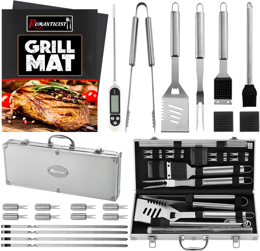 ROMANTICIST 23pcs Must-Have BBQ Grill Accessories Set with Thermometer in Case - Stainless Steel Barbecue Tool Set with 2 Grill Mats for Backyard Outdoor Camping - Father's Day Best Barbecue Gift