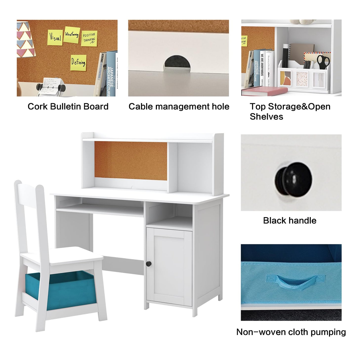 TaoHFE Kids Desk and Chair Set, Kids Desk Chair with Storage and Shelf, Wooden Kids Table and Chairs for Bedroom and Study, Craft Table with Storage Gifts for Boys, Girls to Study, White