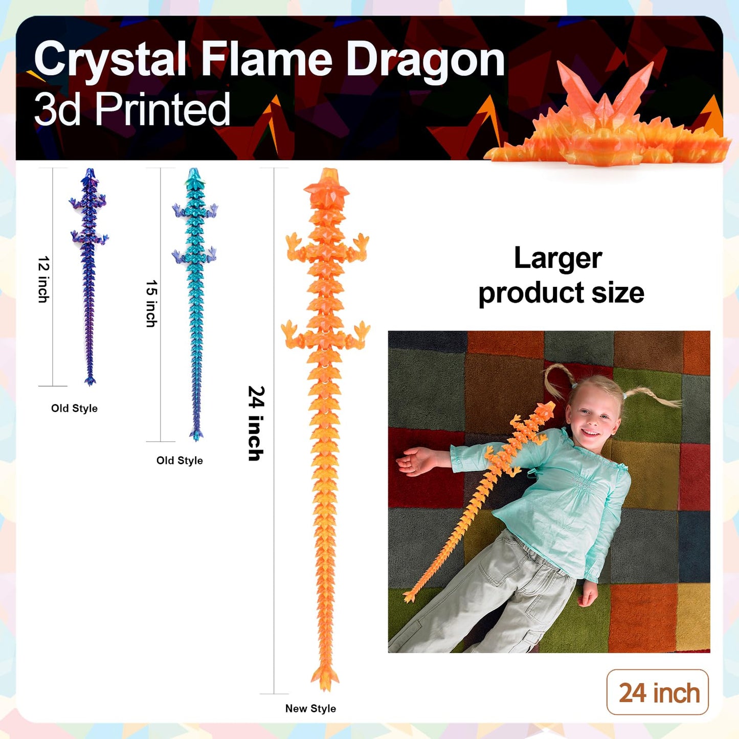 24”3D Printed Dragon Large 3D Dragon--Bigger Fidget Toy Gift for Kids, Boys, Girls & Adults,Cool Giant Crystal 3-D Printed Animals Desk Decor, Easter Basket Essentials(Flame Colour, 24inch)