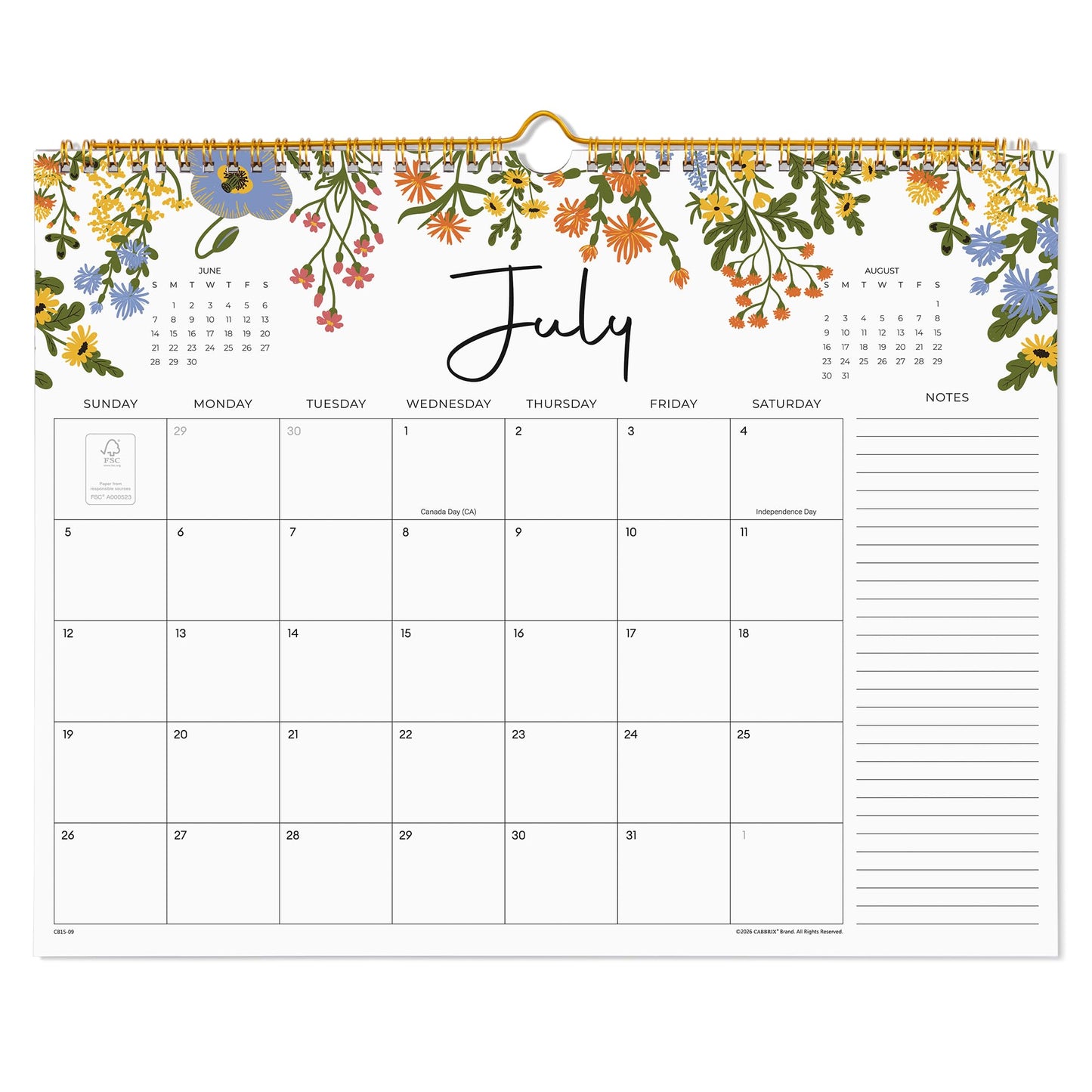 2026 Calendar, Cabbrix Wall Calendar 2026, 18 Months Calendar Runs From July 2026 - December 2027, 15" x 12", Twin-Wire Binding, Hanging Hook, Floral Design