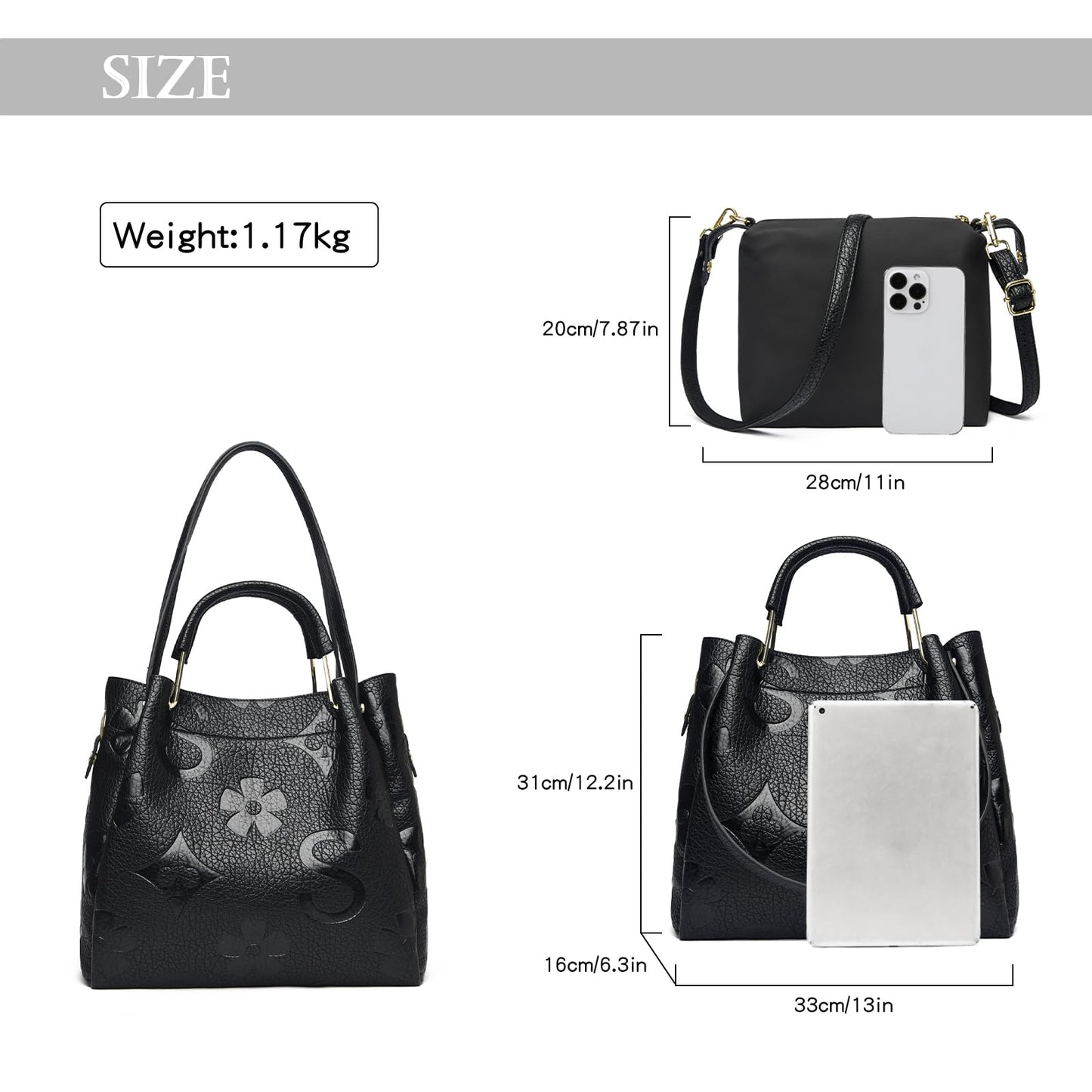 Travistar Floral Handbags and Purses Women - Retro Embossed Leather Top Handle Handbag Large Women's Shoulder Bag 3-in-1 Trendy Hobo Purse Ladies Bucket Satchel Bags Black Work Tote