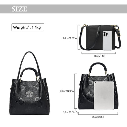 Travistar Floral Handbags and Purses Women - Retro Embossed Leather Top Handle Handbag Large Women's Shoulder Bag 3-in-1 Trendy Hobo Purse Ladies Bucket Satchel Bags Black Work Tote