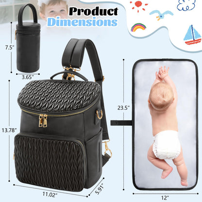 Minsong Diaper Bag Backpack, Fashion Leather Mommy Backpacks, Travel Baby Diaper Bags with in Bag Organizer and Changing Pad (Black-stripes)