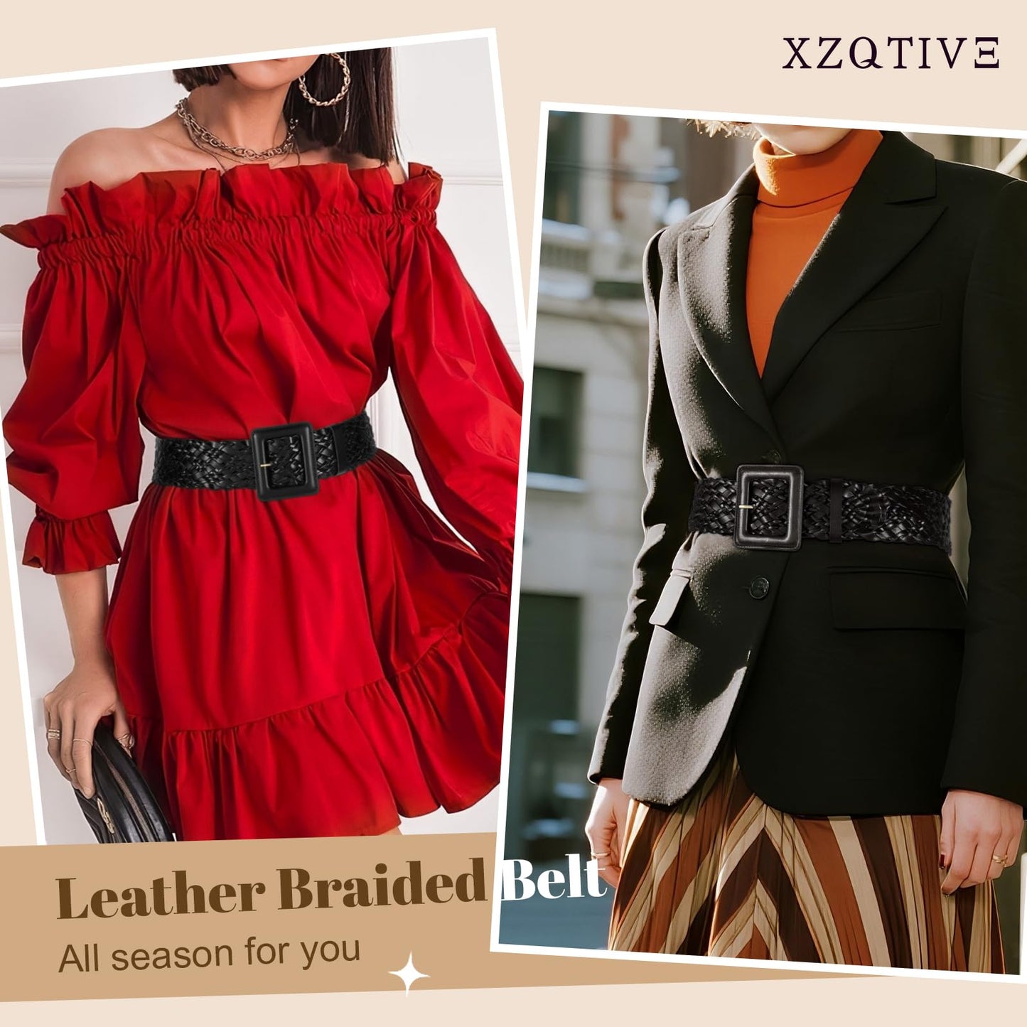 XZQTIVE Women Wide Belt for Dresses Fashion Thick Braided Leather Belts with Square Buckle, Woven Waistband for Ladies, Black(Fit Waist Size Below 31'')