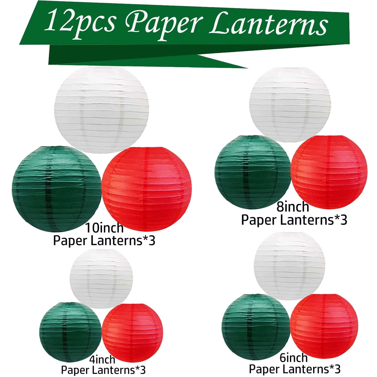 KUNYYI Red -White and Green Paper Lanterns 12Pcs Hanging Lanterns for Christmas Theme, Wedding, Birthday Party, Baby Shower Festive Decoration