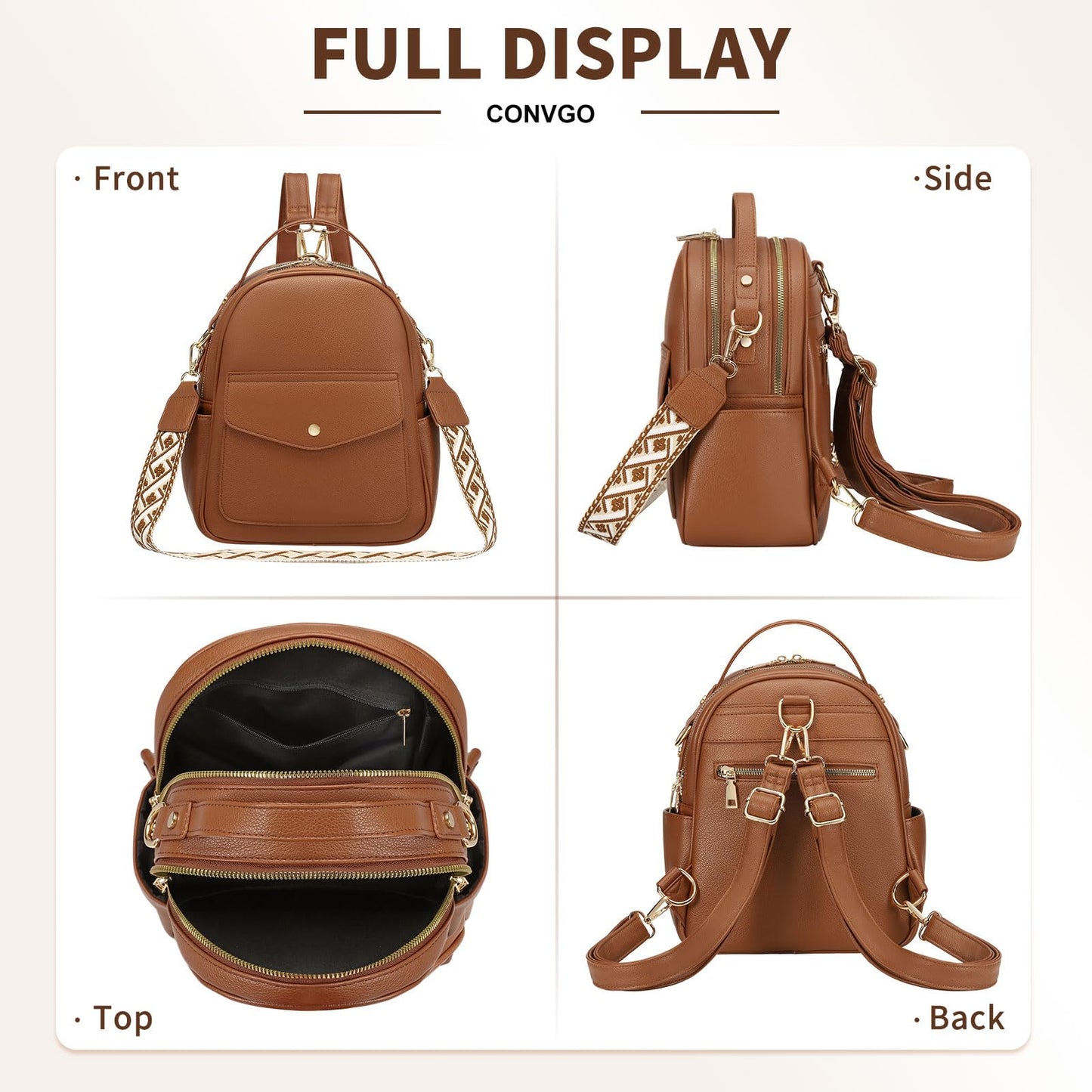 Convgo Small Backpack Purse for Women PU Leather Mini Backpack Travel Convertible Shoulder Bag with 3 Replaceable Shoulder Straps, Brown