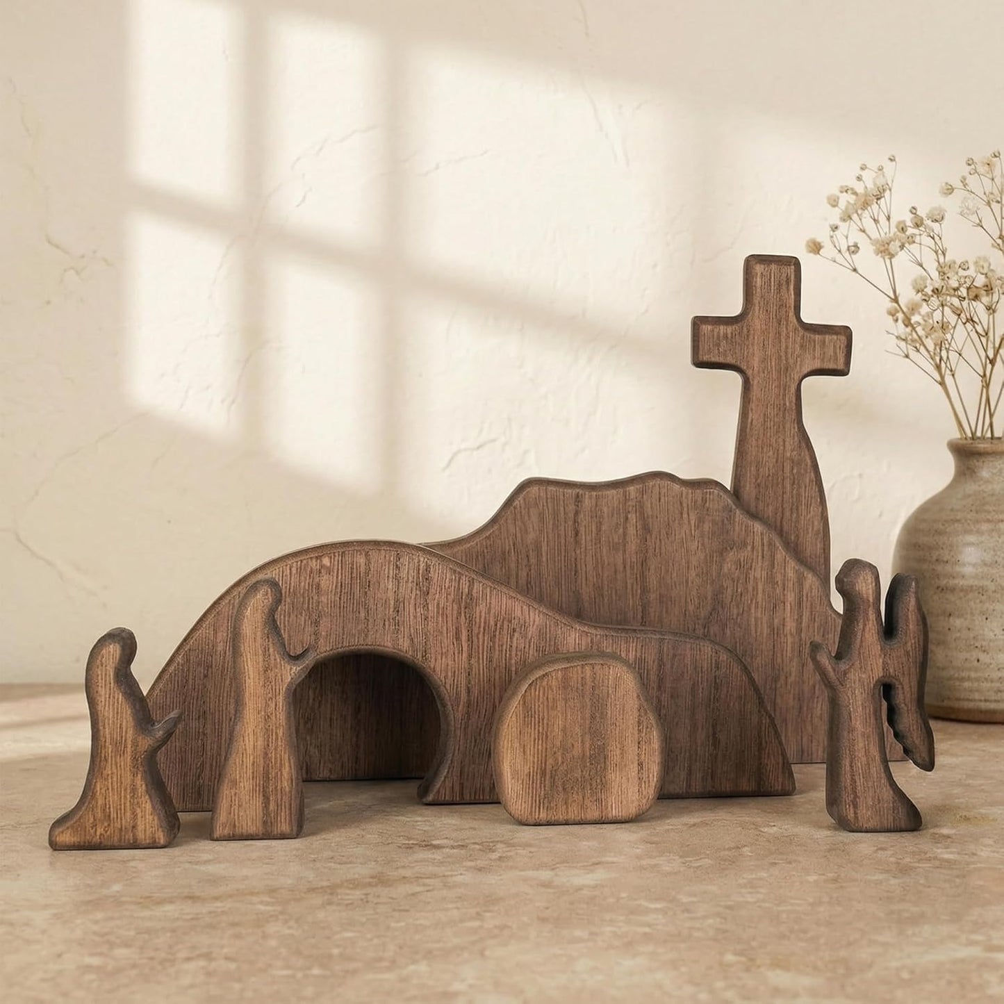 NEROSUN Empty Tomb Easter Scene and Cross Decoration, Wooden Jesus Resurrection Nativity Set, Religious Christian Tabletop Decor for Home Office Christian