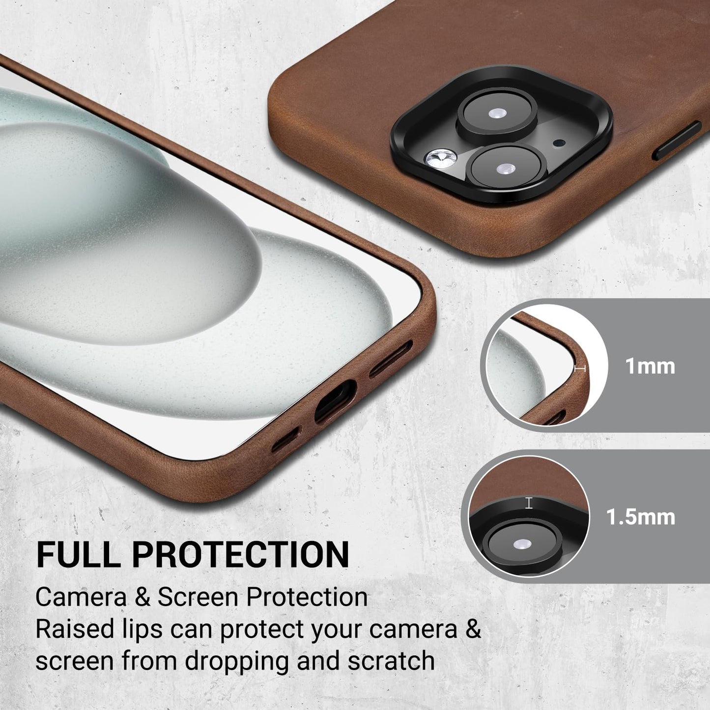 Belemay Compatible with iPhone 14 Leather Case Magsafe - Top Grain Vintage Crazy Horse Leather - Metal Buttons & Camera Bezel Bump - Slim Fit & Soft Feel - Premium Phone Cover (6.1-inch) Retro Brown