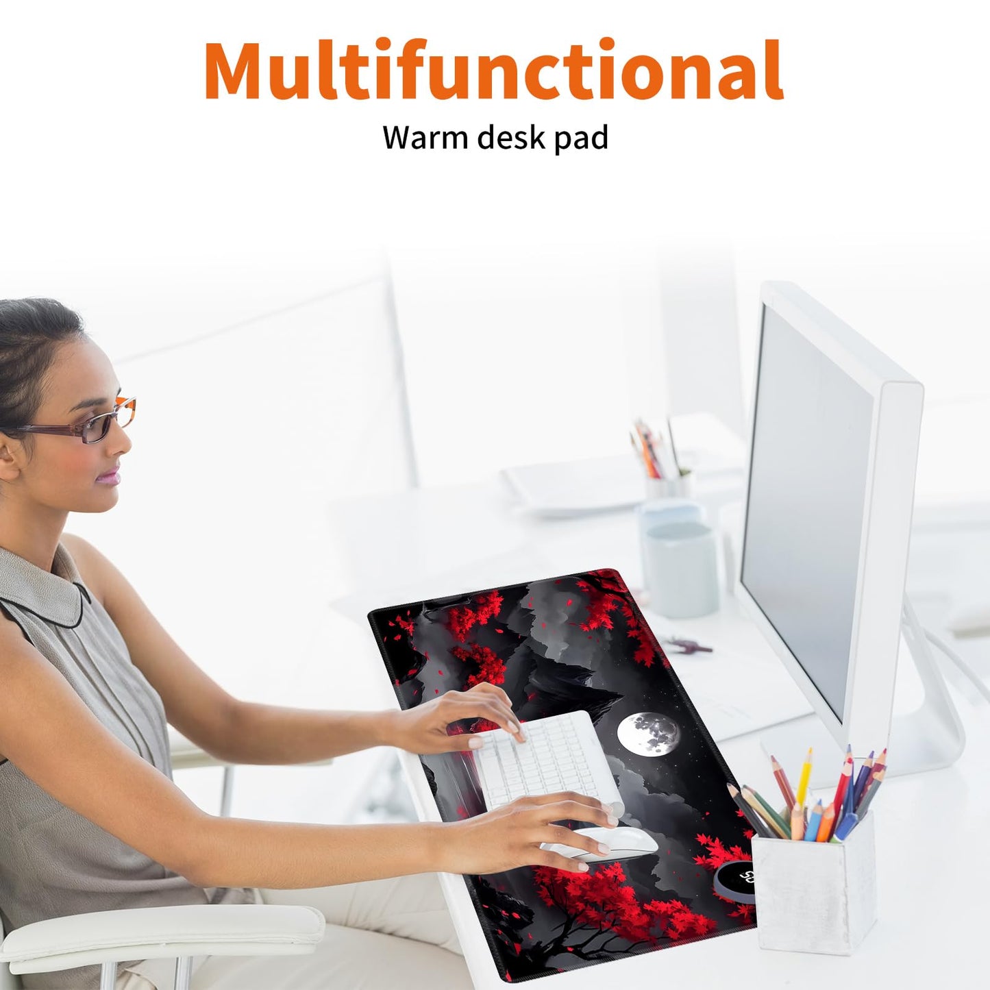 LYHXLYJH Heated Mouse Pad,Warm Desk Pad with 3 Levels Heating & 3 Hours Auto Shut-Off, PU Leather Heated Desk Pad Warmer Pad for Home Office - 31.5 x 13 inch,Red Tree Moon