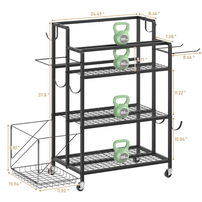 GloCryp Home Gym Storage Rack, Multi-functional Workout Equipment Storage for Dumbbells, Kettlebells & Yoga Mats, Heavy Duty Weight Rack for Home Garage Gym, Rolling Fitness Equipment Organizer with Hook