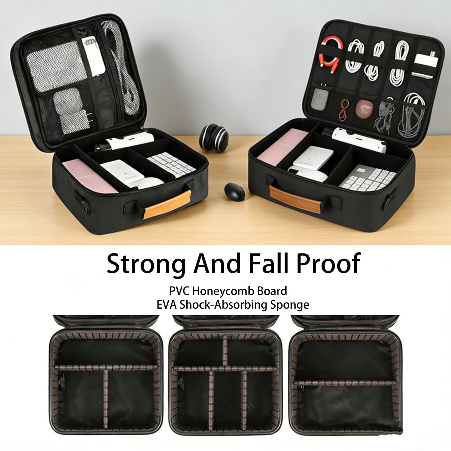 Extra Large Electronics Organizer Travel Case, Cable Organizer Bag with Shoulder Strap, Electronics Accessories Storage Double Layer Bags for Cord, Tablet, Headphone, Charger, Tools, DJ Gifts-Black