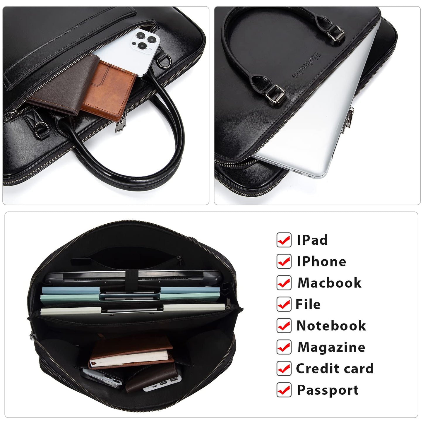 Blofinche Genuine Leather laptop Briefcase: Messenger shoulder bag 15 16 inch men macbook case women work satchel designer handbag Black