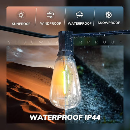 Achin Outdoor String Lights - 50ft LED Dimmable ST38 Warm Edison String Lights, Waterproof, Shatterproof, Connectable, Patio, Pergola, Bistro, Garden, Wedding, 2 Year Warranty