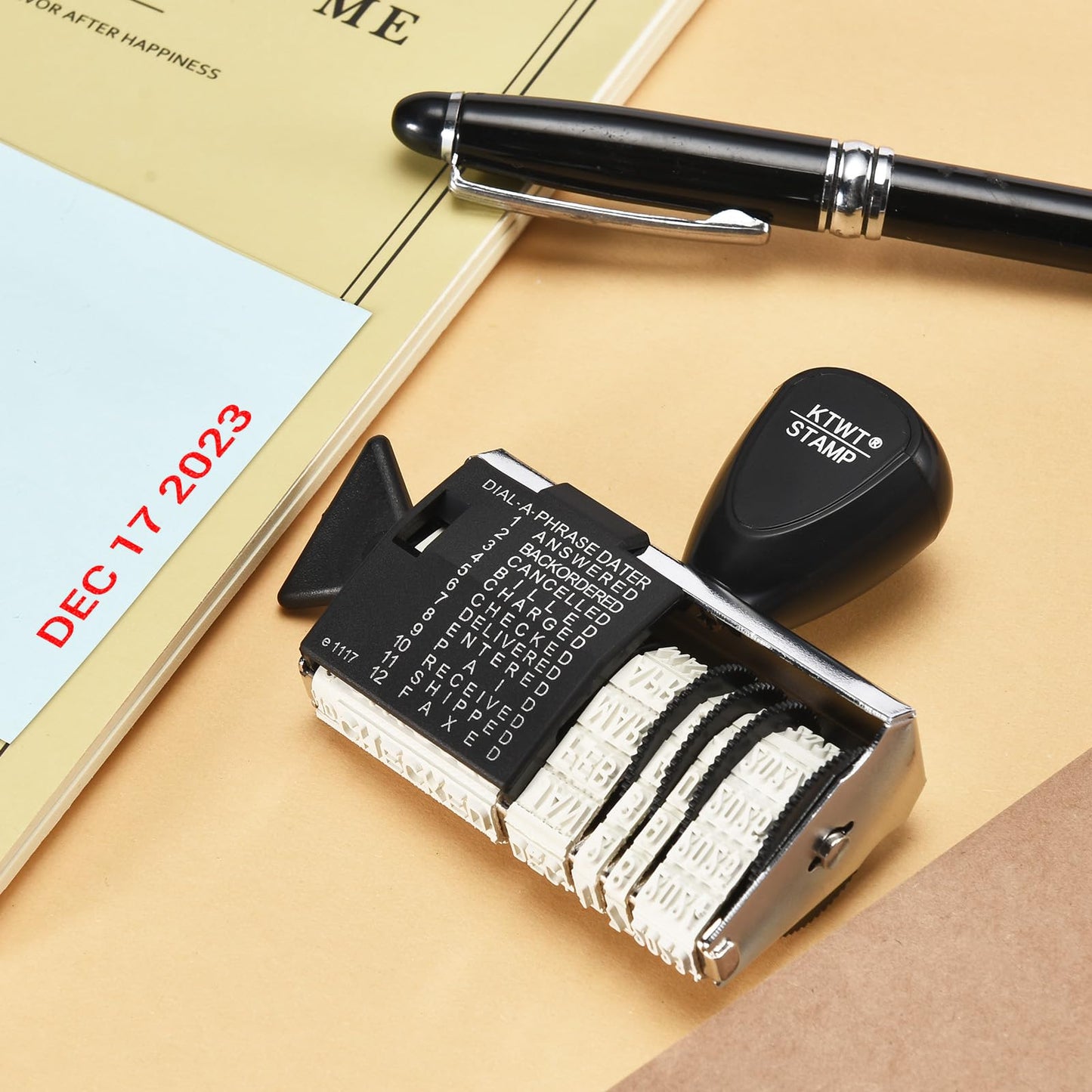 KTWT 12 Phrase Dater Rubber Stamp, 12 Frequently Used Office Messages, Rubber Date Stamp, Month in Letters, Day and Year in Numbers
