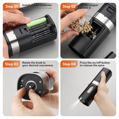 Syaws Electric Pepper and Salt Grinder 1 Pack,Battery Powered Pepper Grinders,Automatic Pepper Mill with LED Light,Adjustable Coarseness One-Hand Operation