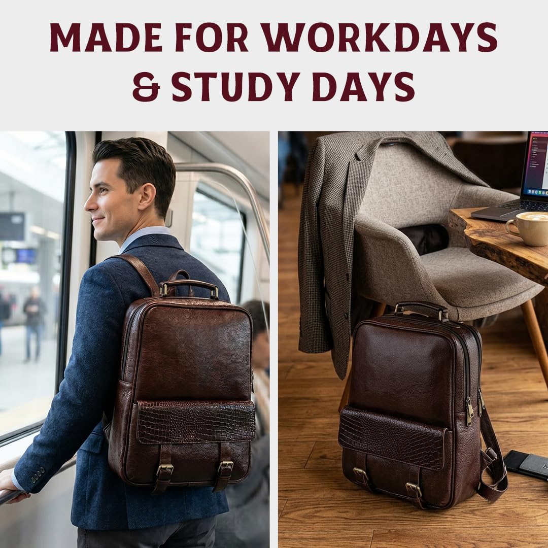 bonahide - 15.6" Luxury Burgundy Leather Laptop Backpack for Men & Women. Leather Bag for Professional Use in Office & Business