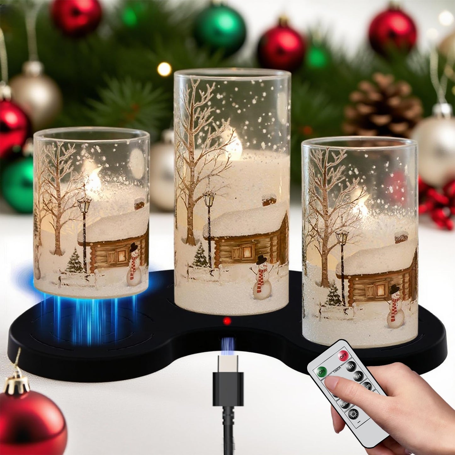 DRomance Snowman Glass Flameless Candles Rechargeable Battery Operated with Remote and Timer Real Wax LED Flickering Pillar Candles White Cold Light Window Christmas Holiday Decor D3 x 4",5",6"