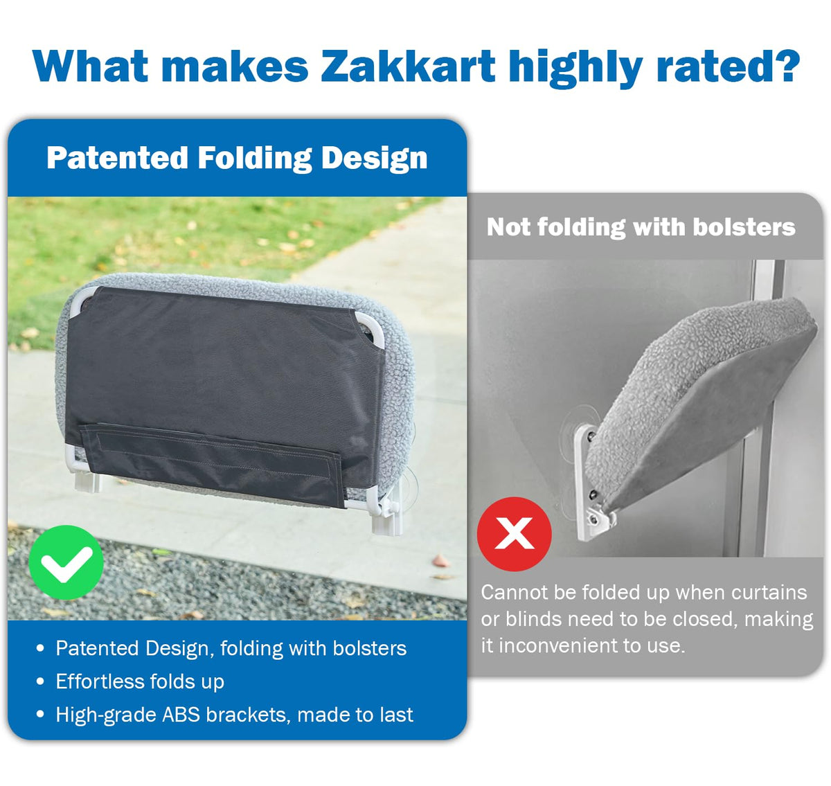 Zakkart Foldable Cat Hammock for Window - Cordless, Embeded Machine Washable Bed, Robust Metal Frame - Cat Window Perch for Large Cats and Kittens (White Bolster Bed, Medium)