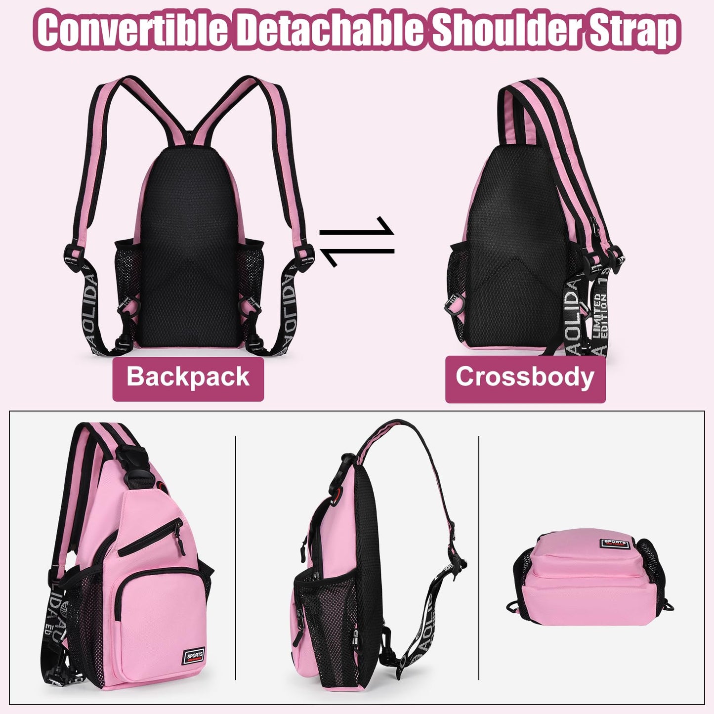 VALUEQLO Crossbody Backpack Convertible Sling Bag for Women Men with Adjustable Strap Small Casual Daypack for Hiking Traveling (Small, 11-Inch, Pink)