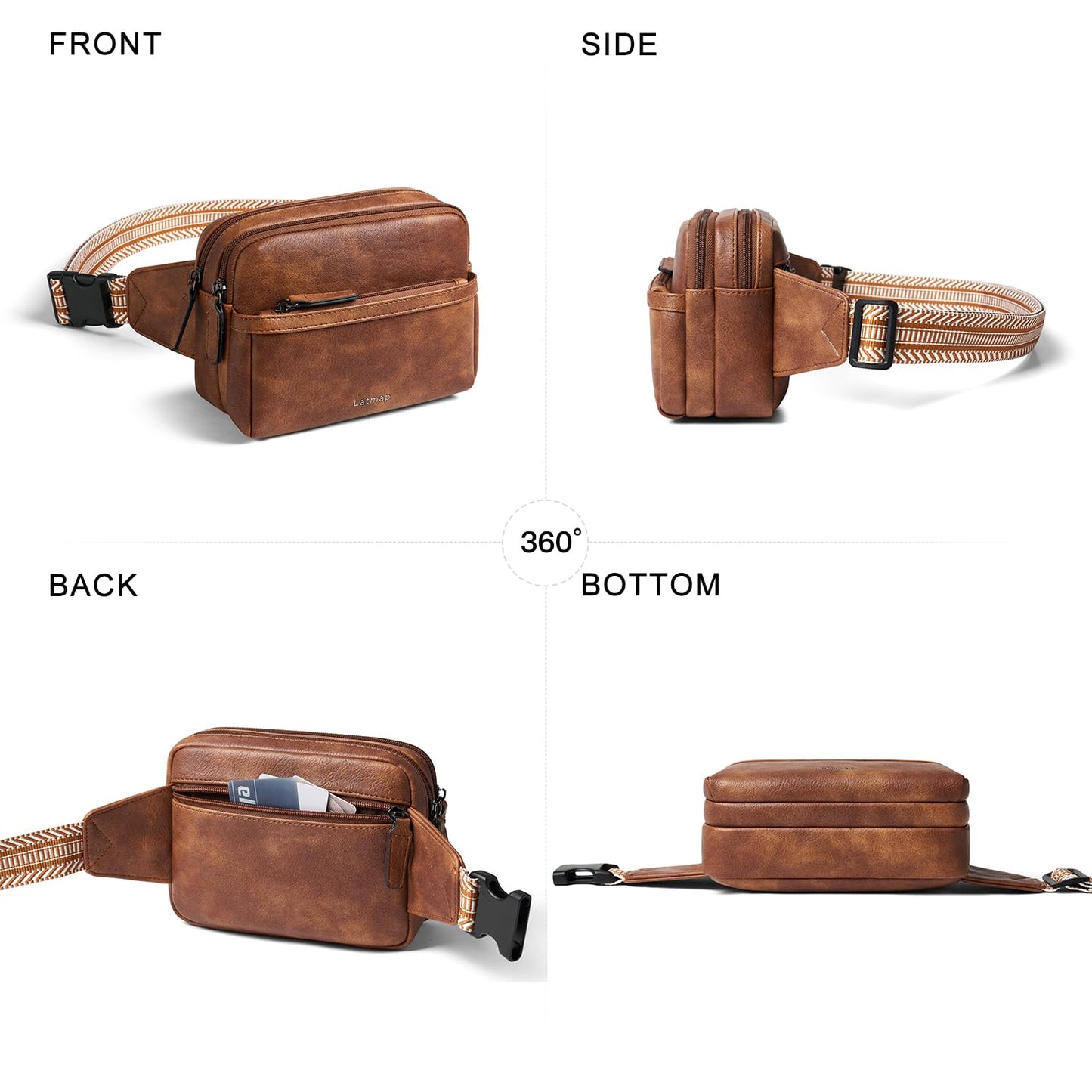 LATMAP 3L Fanny Pack Crossbody Bags for Women Men 4-Zipper Pockets Belt Bag Sling Waist Pack Faux Leather Chest Bag Purse Brown