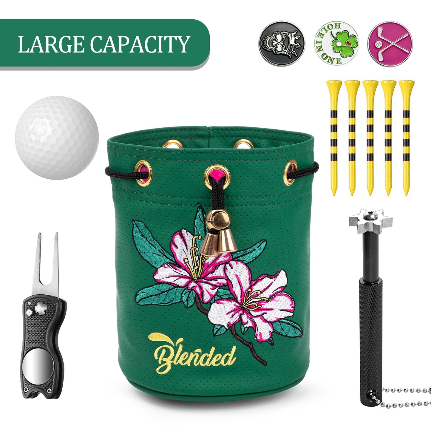 BAIRBRE Golf Valuables Pouch,Bucket Waist Design Golf Pouch Bag Azalea Embroidery Tee Bag with Drawstrings Leather for Men Women