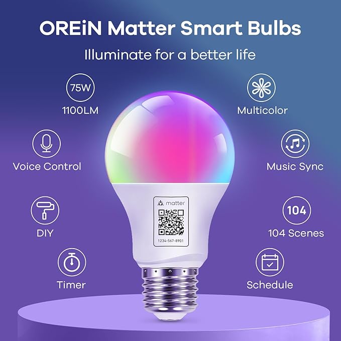 OREiN Matter Smart Light Bulb, 1100 Lumens 75W Equivalent Smart Light Bulbs, Color Changing Light Bulbs Work with Apple Home, Alexa, Google Home, SmartThings, A19 Smart Bulbs 2.4Ghz WiFi, 4Pack