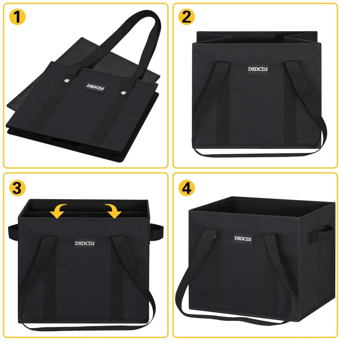 DSDCDJ Reusable Grocery Bags 3 Pack - Heavy Duty Reusable Shopping Bags with Hard Bottom & Long Handles, Stand Up Grocery Boxes Reusable Foldable, 13x10.23x11in, Black