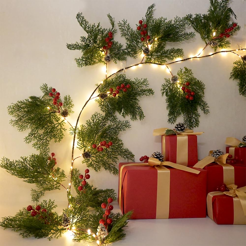 2025 New 6.56FT Christmas Garland Lights with 96 LED 8 Flash Modes Battery Operated Cypress Garland with Timer Lighted Xmas Pine Garland Christmas Decor for Mantle Fireplace Table Stairs Holiday