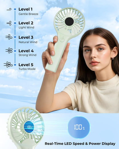 Portable Handheld Mini Fan, Personal Travel Fan, Small and Powerful, 2000mah Rechargeable Battery, 5 Speed Wind, Led Display, Back Air Outlet, for Stylish Kids Girls Women Summer Gift-Avocado Green