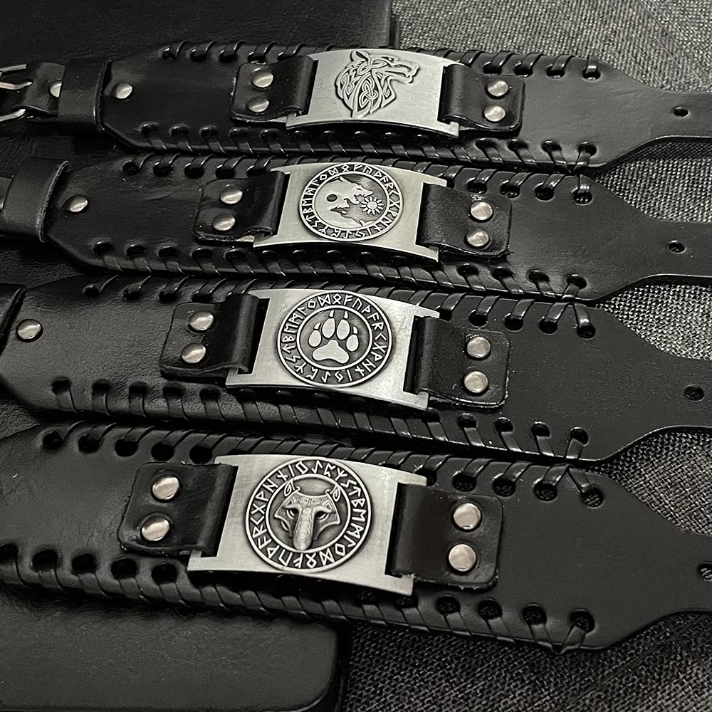 TURTLEDOVE 4 PCS Viking Leather Bracelet - Medieval Leather Cuff Wristband of Wolf Fenrir