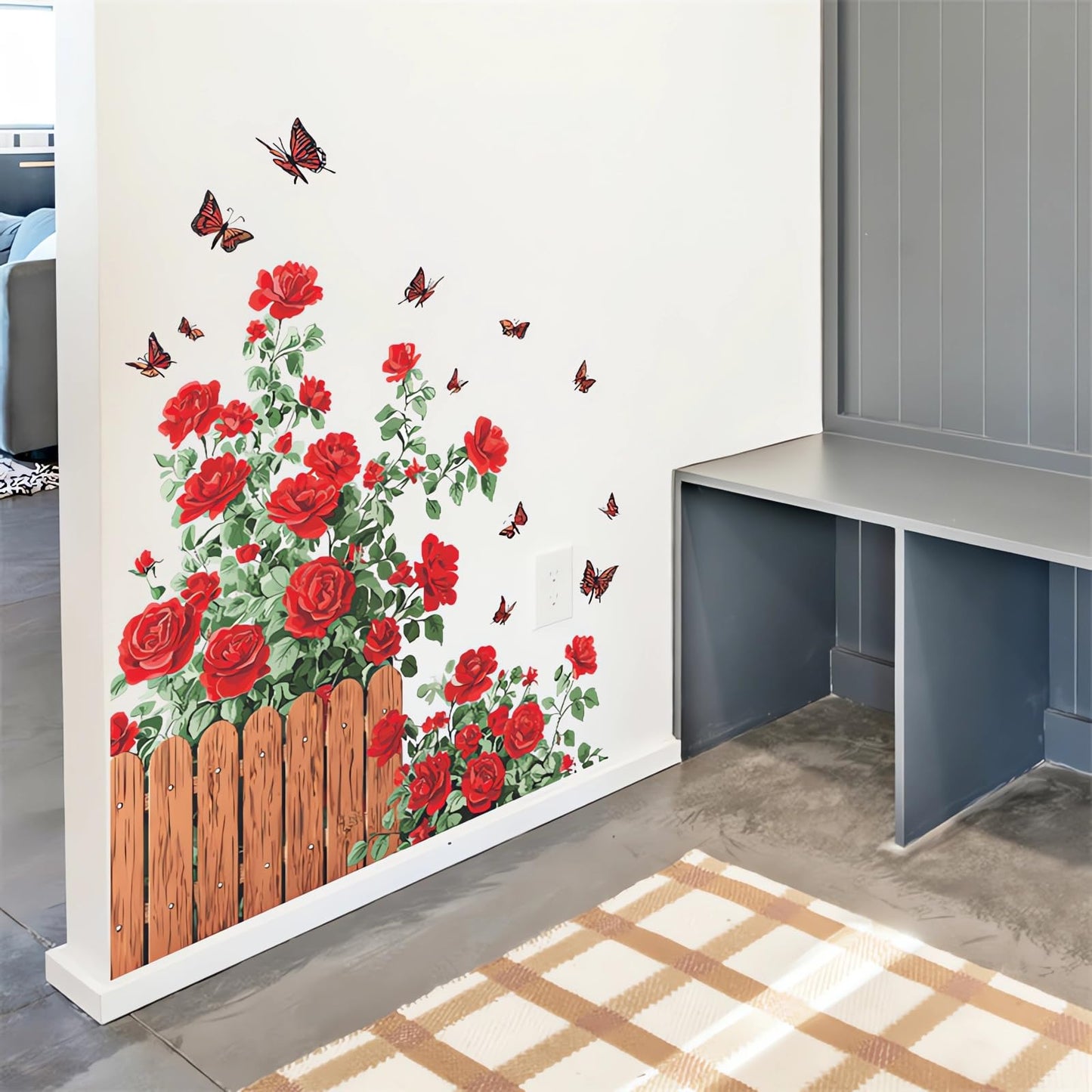 sacinora Red Rose Fence Butterfly Wall Stickers, Romantic Floral Border Aesthetic Countryside Wall Decals Removable Vinyl Peel and Stick Hallway Bedroom Bathroom Art Home Decor