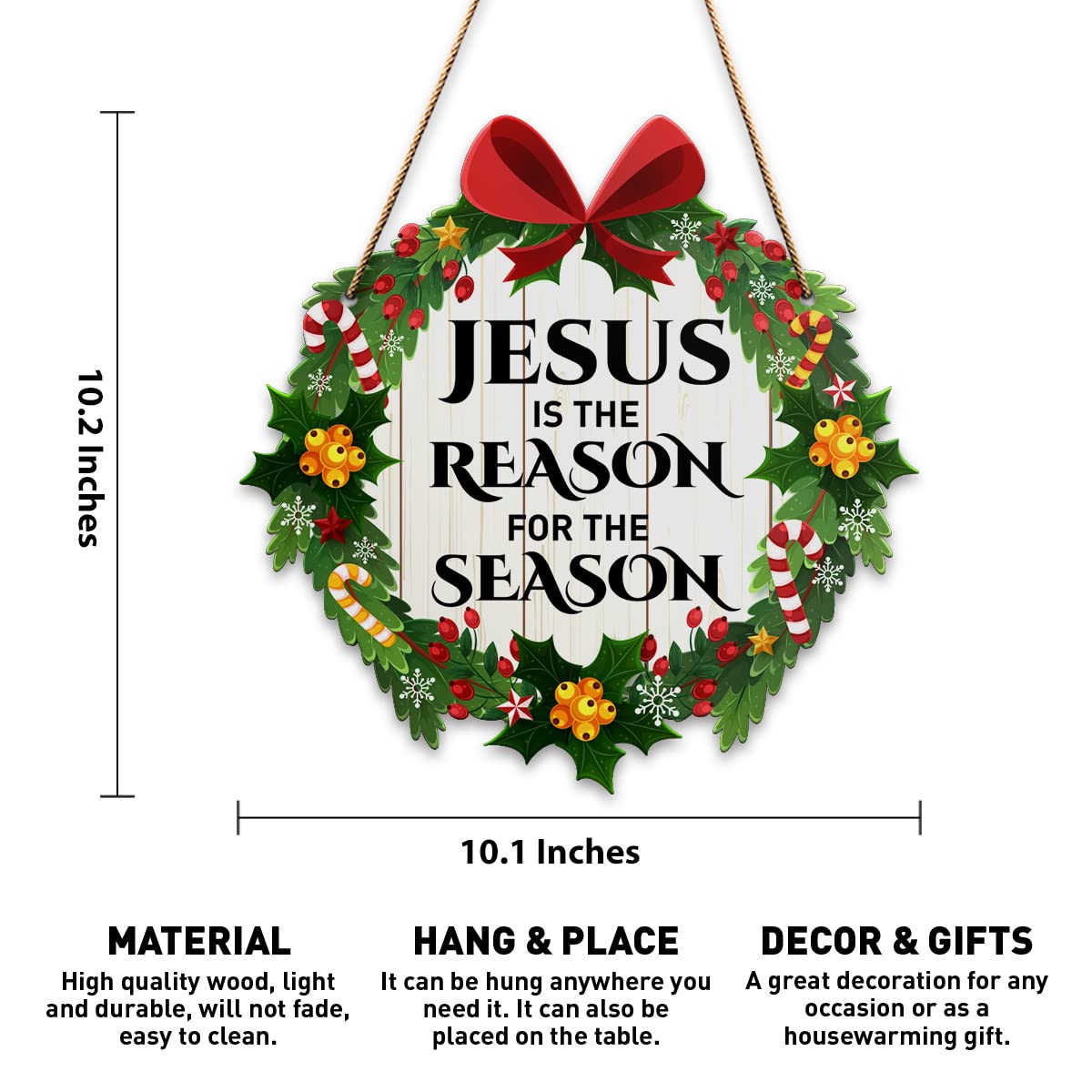 Jesus Is The Reason Wall Decor Sign - Religious Christmas Home Sign for Front Door Porch Decorations - Wood Hanging Plaque