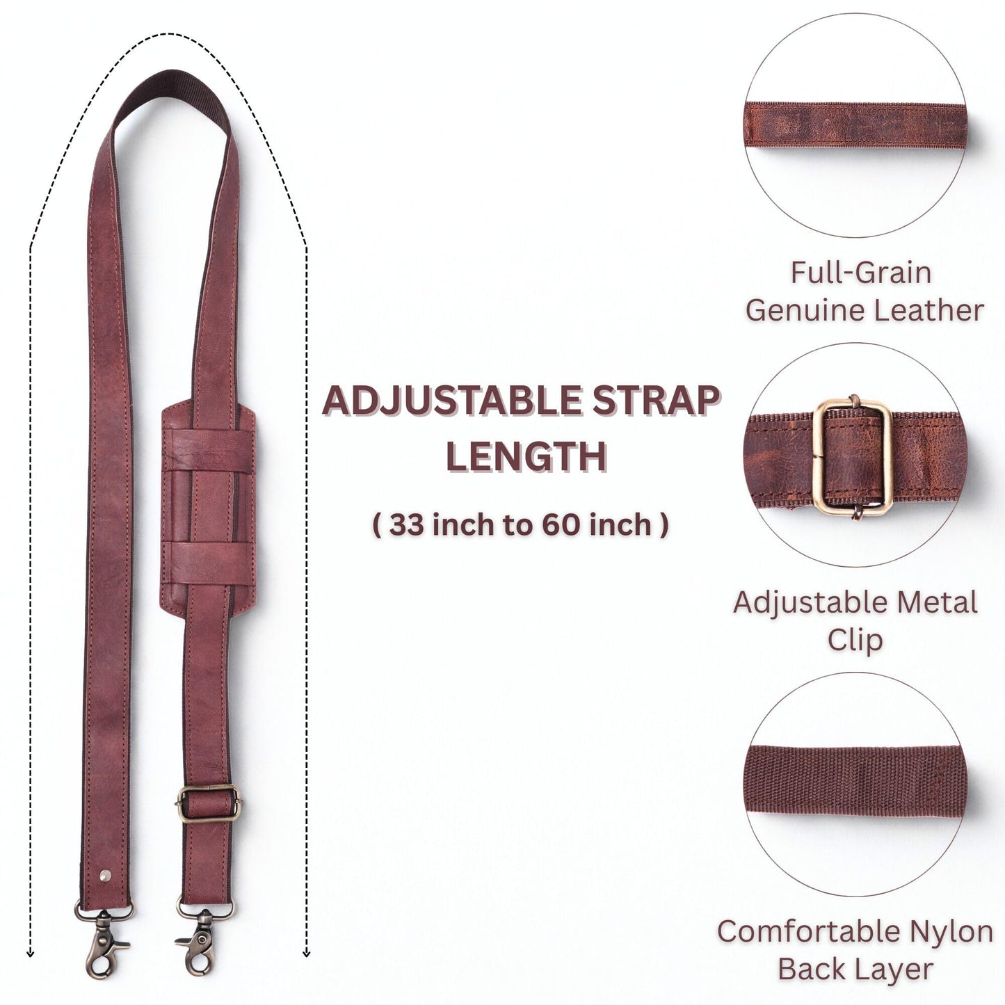 Genuine Leather Straps for Bags 60-inch Adjustable Shoulder Strap Replacement for Briefcase Messenger Crossbody Duffel Bag (Dark Brown)