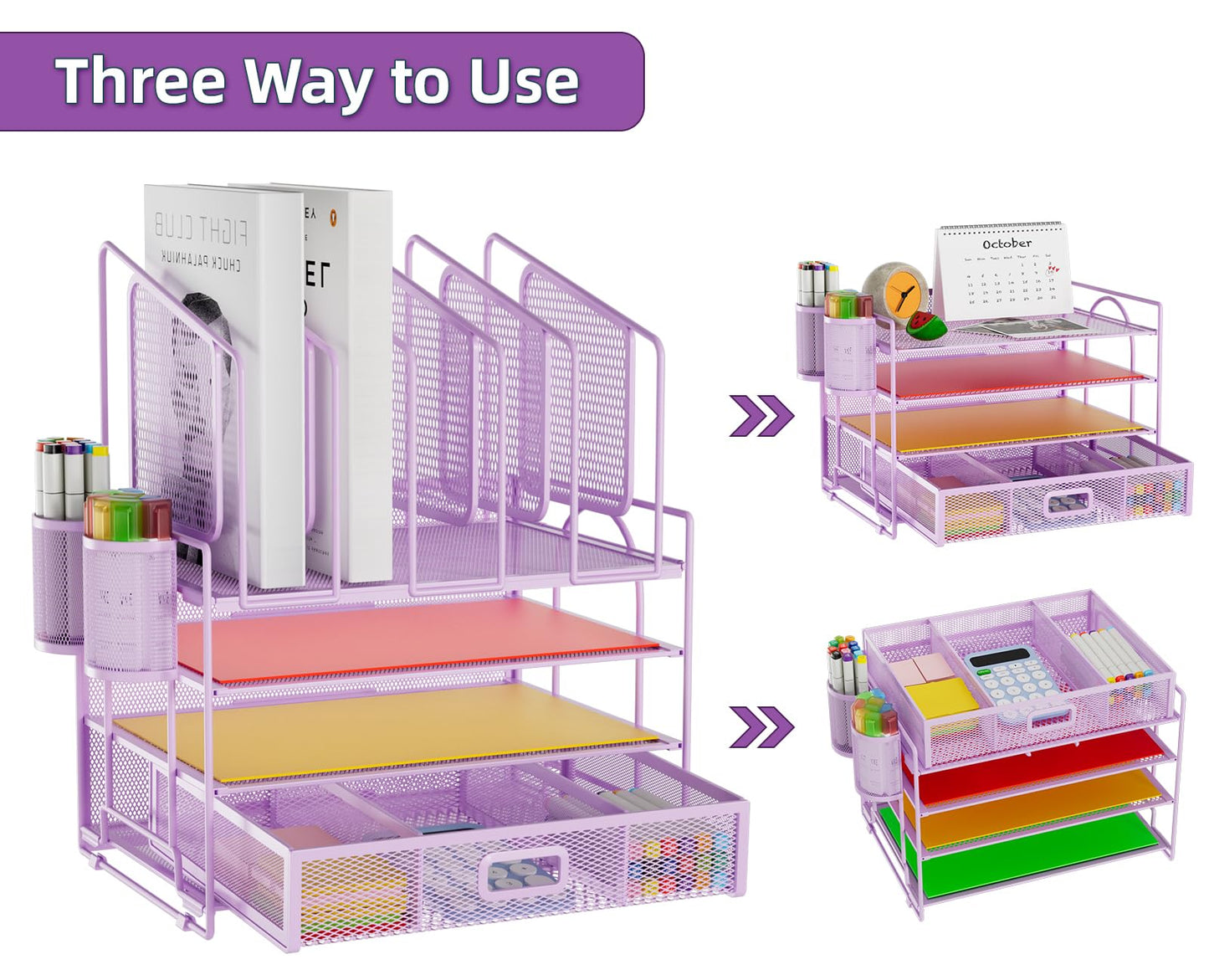 Marbrasse Desk Organizers, 4-Tier Mesh Desk File Organizer with 5 Vertical File Holders and 2 Pen Holders, Multifunction Desktop Organizer,Desk Organizers and Accessories for Home Office (Purple)