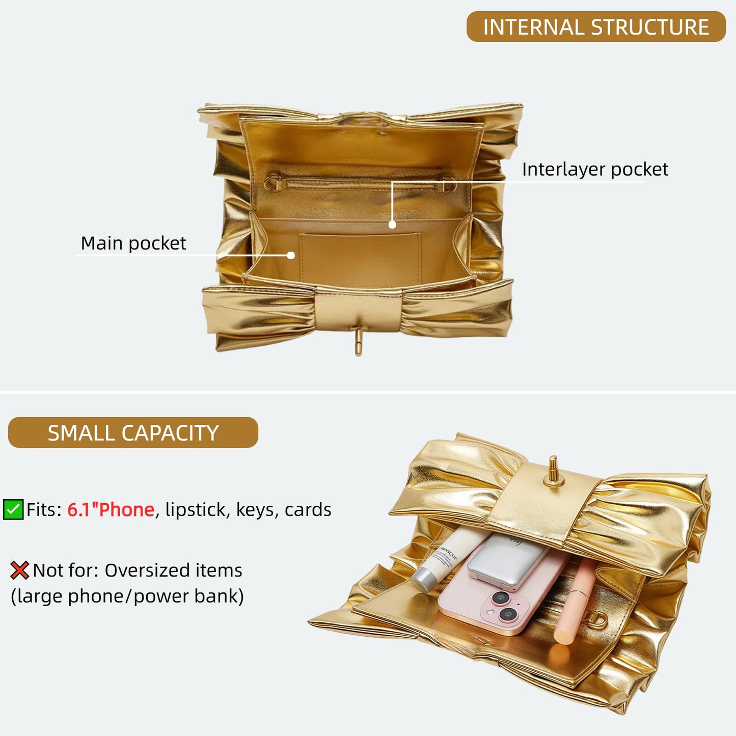 CTTOVIS Evening Clutch Bag Women Bow Purse Handbags Pu Leather Designer Crossbody Bag for Wedding Cocktail Prom Party (Gold)