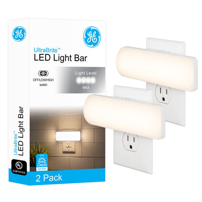 GE Ultrabrite LED Light Bar Night Lights Plug Into Wall Room Decor Ambient Lighting Dusk to Dawn Sensor Bright Nightlight, White, 100 Lumens, 2 Pack