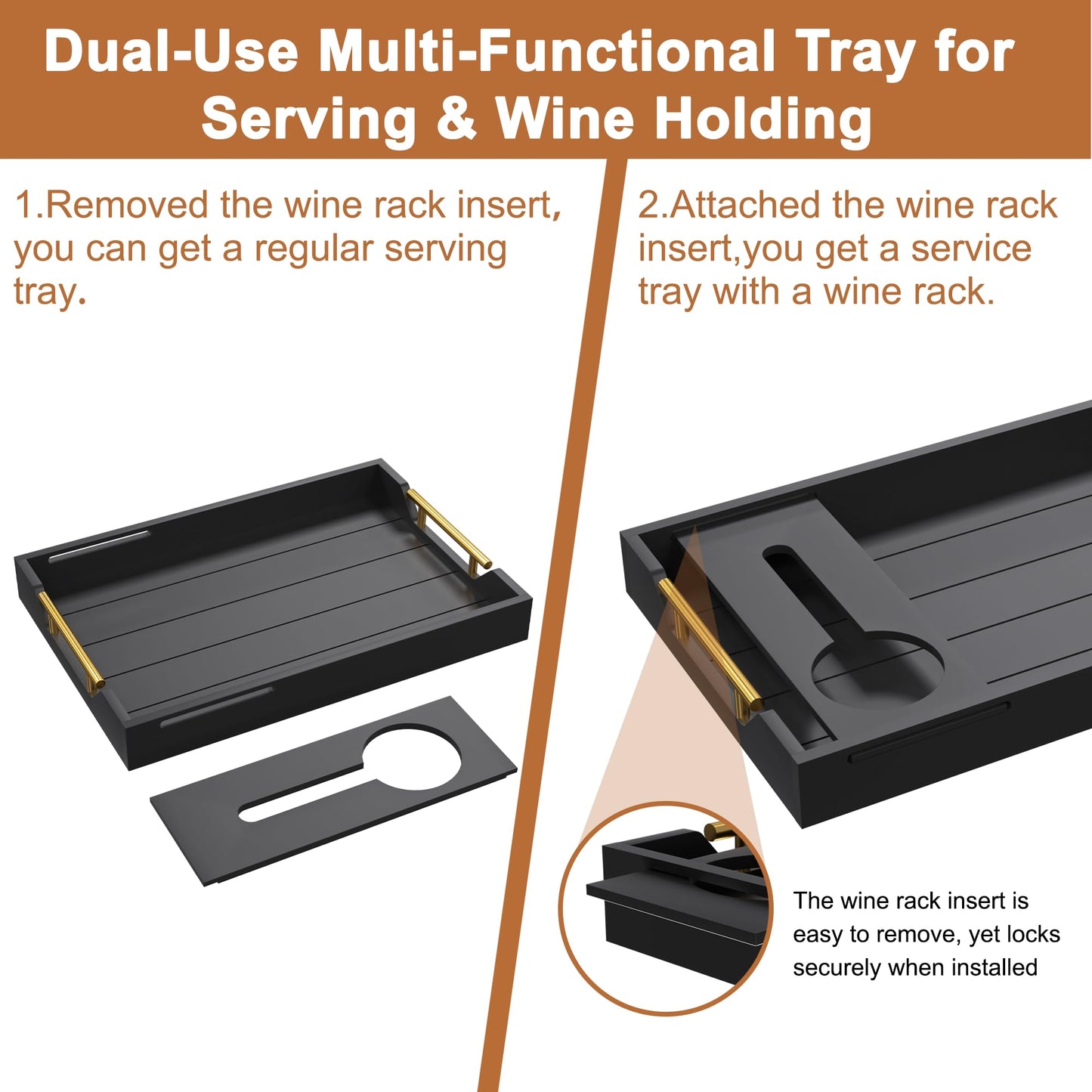 Black Wood Serving Tray with Removable Wine Glass Holder, Couch Snack Tray for Movie Night, Sofa, Ottoman, Coffee Table, Wedding and Housewarming Gift