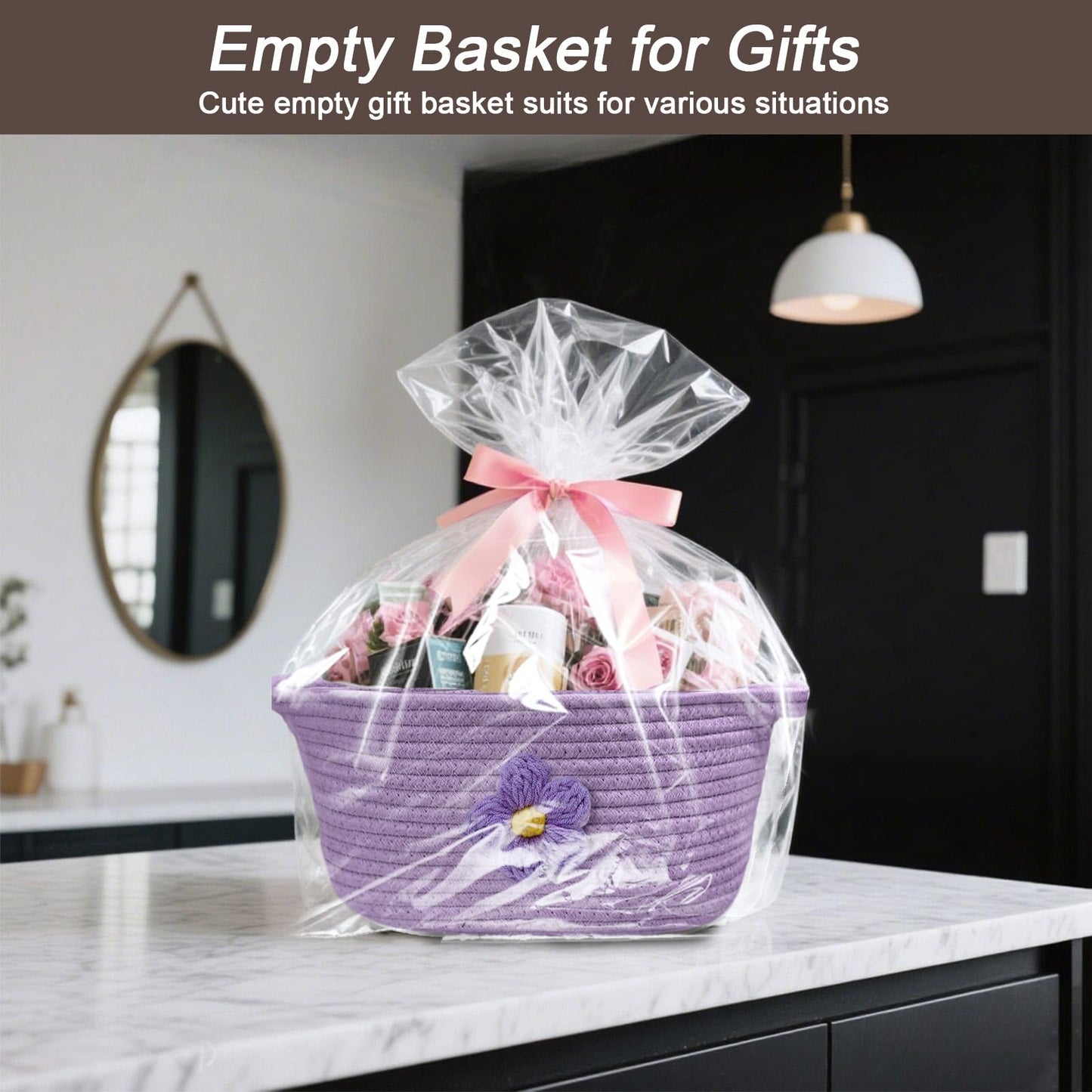 Esme L&H Gift Basket Empty with Bag & Ribbon, Large Capacity Gift Basket,-12"x9"x6", Gift Boo Baskets Empty, Versatile Cotton Rope Storage for Small Items, Baby, Pet Toy(Purple)