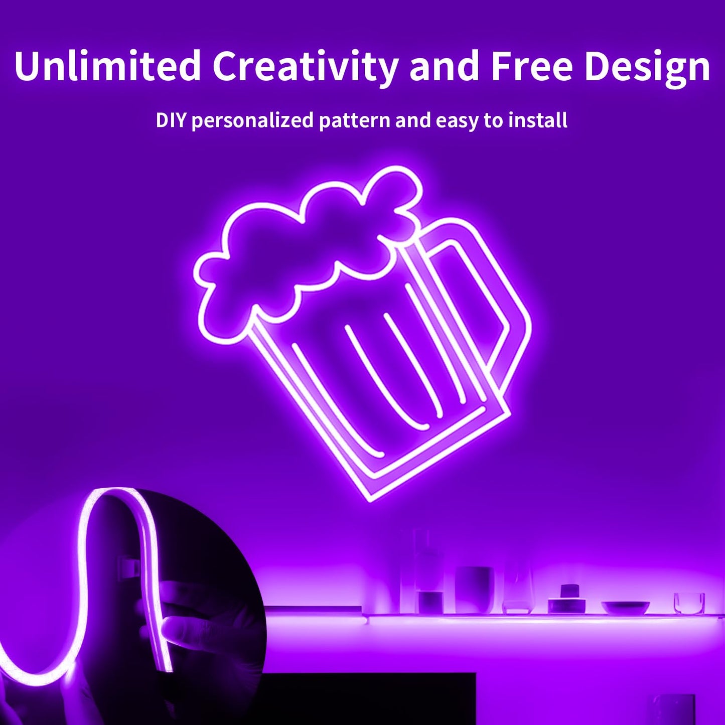 iNextStation 5M/16.4FT Purple Neon LED Strip Light, 12V Flexible Silicone Neon Rope Lights, IP65 Waterproof Cuttable LED Light with Adapter and Touch Dimmer for Gaming Room, Bedroom(with Adapter)