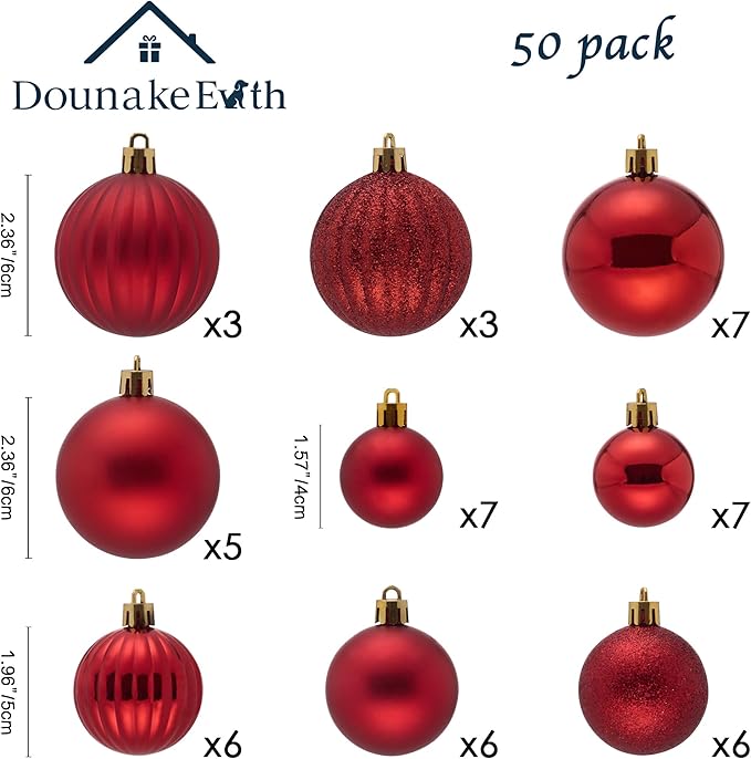 50ct Christmas Balls Ornaments for Xmas Tree, Red Shatterproof Christmas Tree Decorations Hanging Ball for Holiday Party Decor(1.57"-2.36")