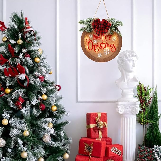 HOMCDALY Christmas Welcome Sign for Front Door, Winter Merry Christmas Wreath, Farmhouse Door Decoration Wooden Hanging Sign, Christmas Decoration (F-Xmas)