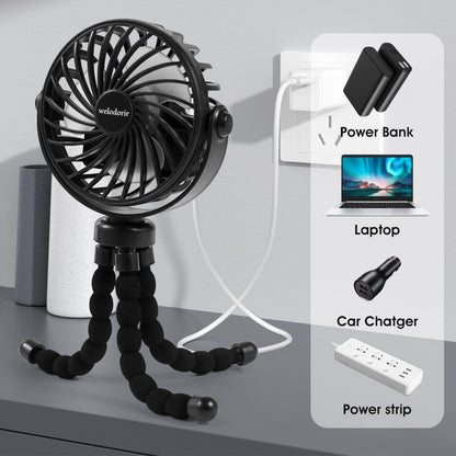 welodorir Rechargeable Stroller Fan Portable USB Small Handheld Mini Car Seat Clip On Fan With Flexible Tripod 3 Speed 360° Rotate for Push Chair Crib Office Treadmill Bike and Travel