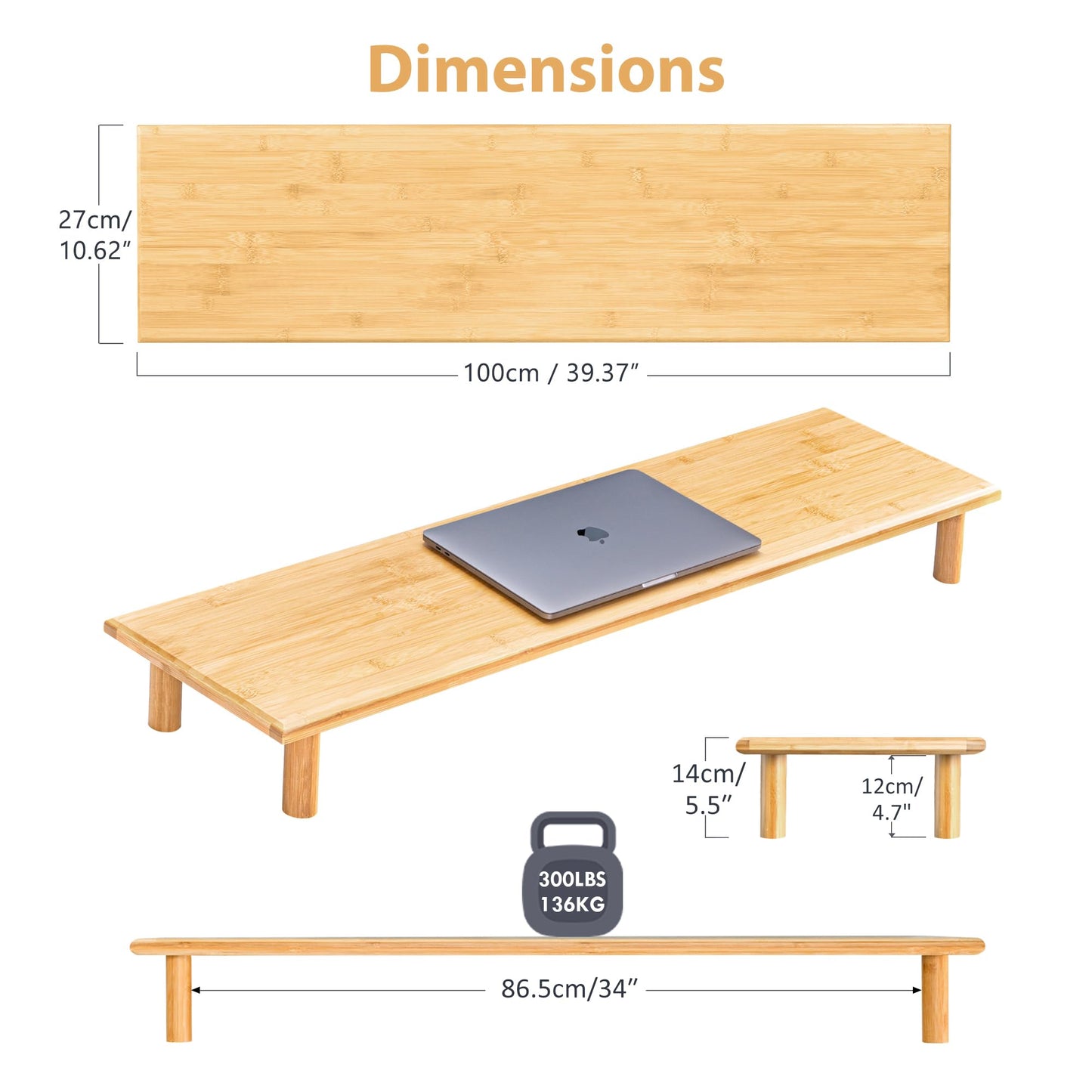 ROCDEER Bamboo Dual Monitor Shelf, Monitor Stand Riser with Underneath Storage for Desk Office Supplies, Supports Heavy TV up to 300 lbs, Natural