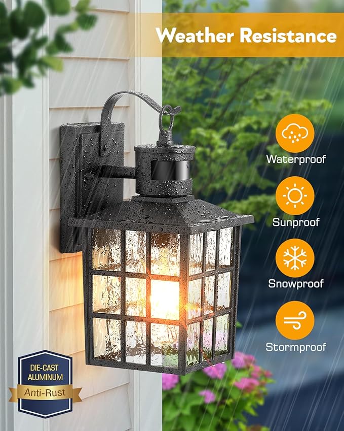 VIANIS Outdoor Wall Lights for House, 2 Pack Black Motion Sensor Porch Lanterns Wall Sconce, Modern Exterior Garage Light Fixtures Wall Mount, Waterproof Front Door Lights with Tempered Ripple Glass